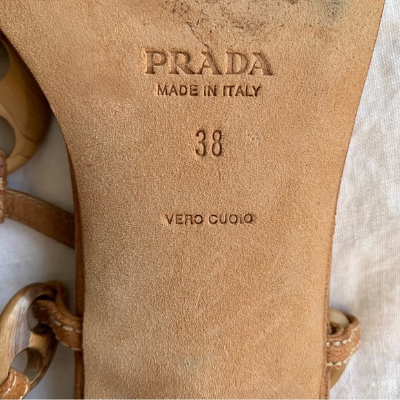 Vintage Prada Wood Leather Thong Square Toe Sandals Tan Brown - Picture 5 of 7